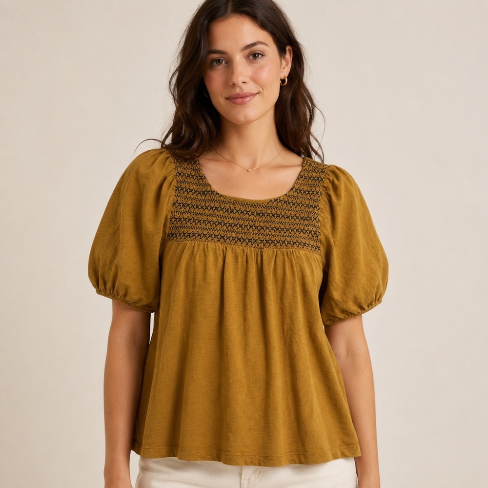 J.Crew Womens M Smocked Puff Sleeve Top Mustard Yellow Boho Peasant Relaxed Fit